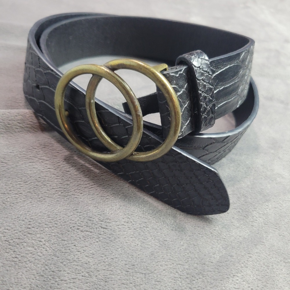 Black Snakeskin Embossed Belt Antique Brass Double O-Ring Buckle Faux Leather